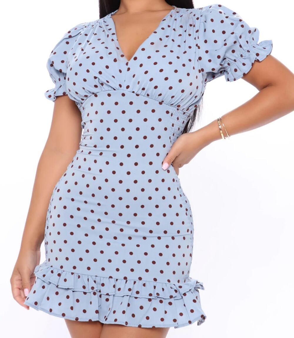 Fashion Nova Got Control Polka Dot Mini Dress Blue/Brown Large NEW